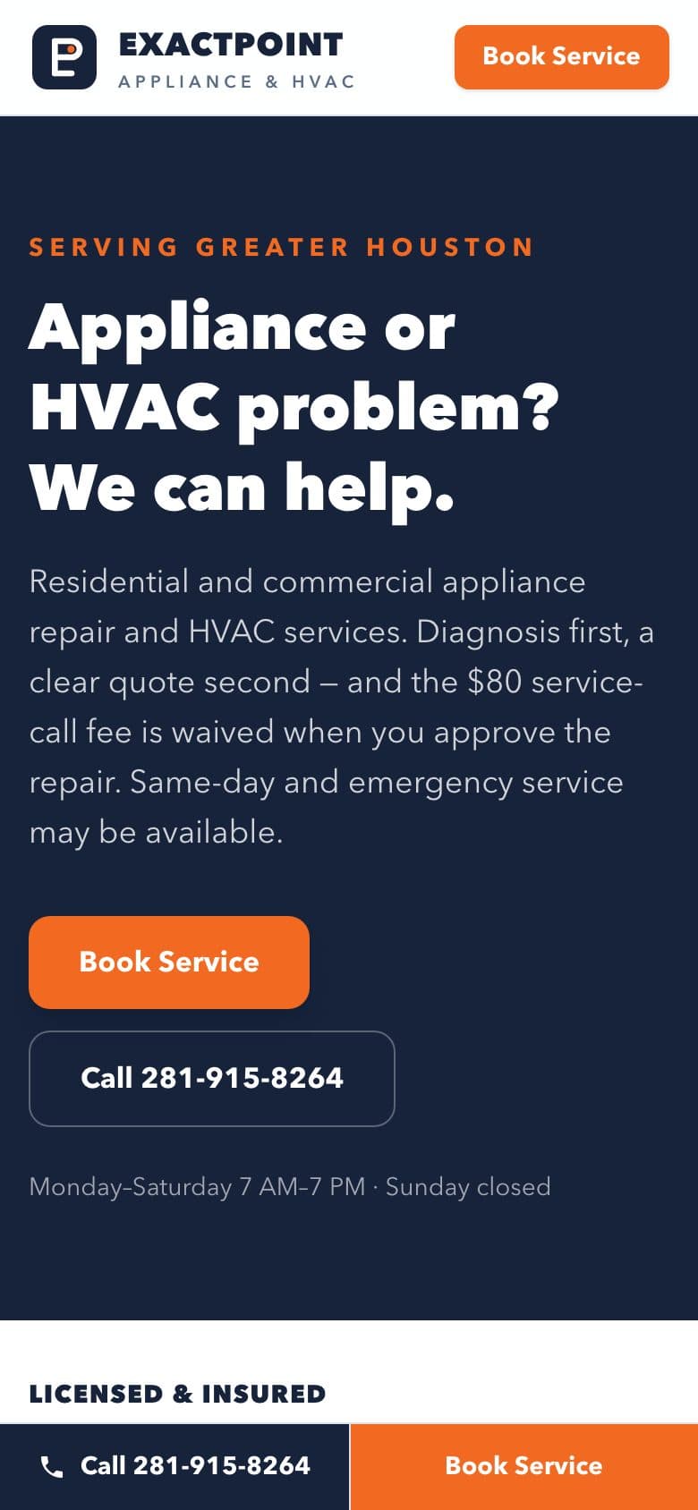 ExactPoint Appliance & HVAC website on a phone